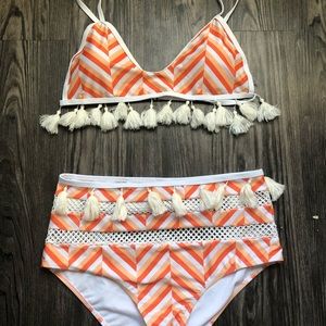 Orange High Waisted Bikini With Tassels